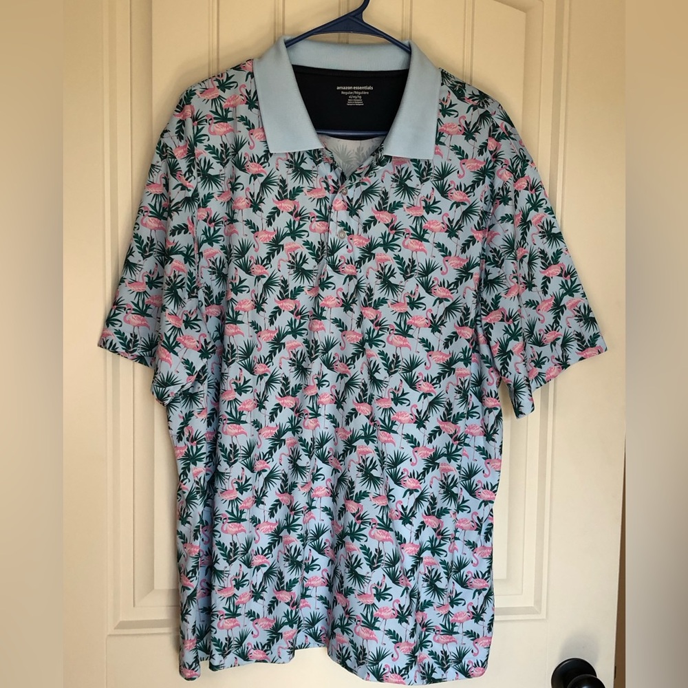 Amazon Essentials Flamingo Polo Shirt, Men’s Size XL, Light Blue W/Pink Flamingo